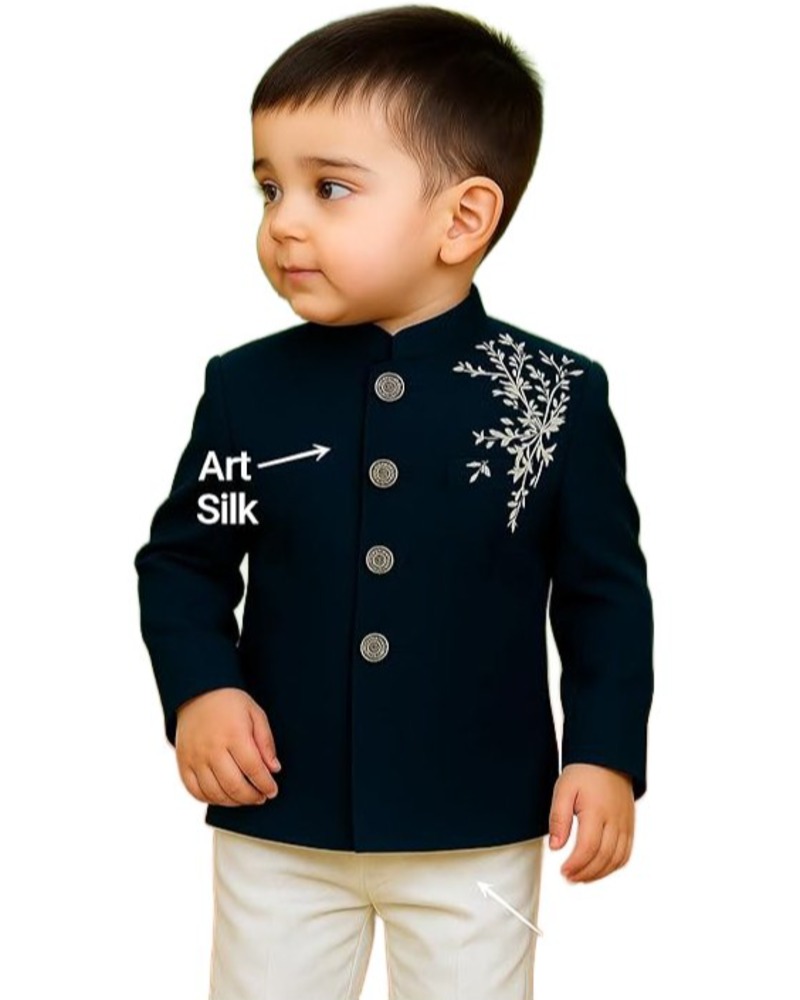 Baby Boy Sherwani Set Navy Blue Embroidered Jacket with White Cotton Pant | Kids Kurta Pajama Traditional Dress for Boys 1-8 Years Wedding & Festival Outfit