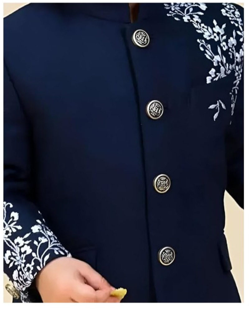 Baby Boy Sherwani Set Navy Blue Embroidered Jacket with White Cotton Pant | Kids Kurta Pajama Traditional Dress for Boys 1-8 Years Wedding & Festival Outfit - Image 3